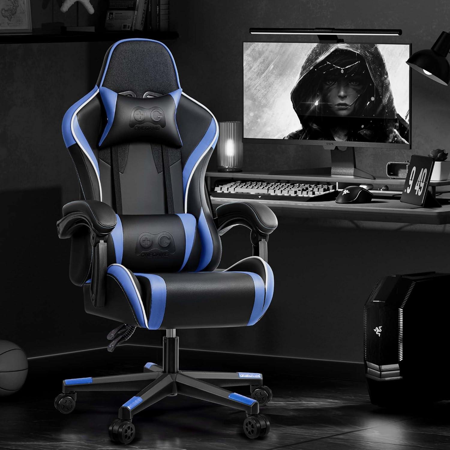 Ergonomischer Gaming Stuhl Bürostuhl höhenverstellbar Lendenkissen Blau