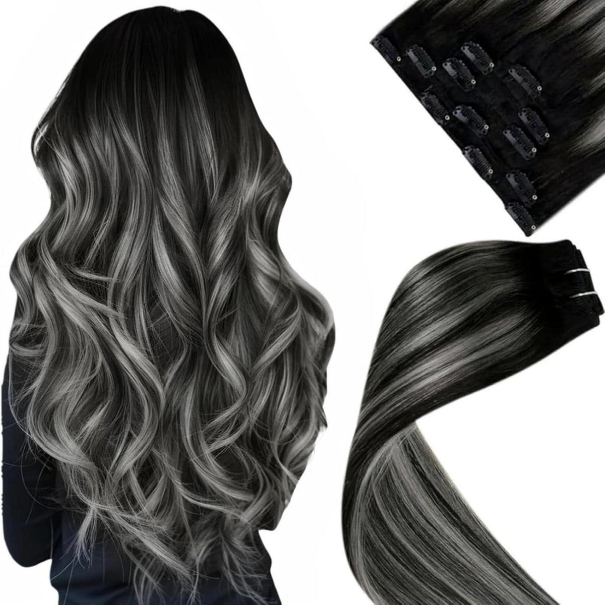Clip-in Haarverlängerung Echthaar Schwarz Ombre Silber