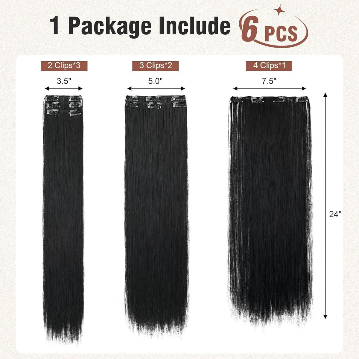 Clip-in Haarverlängerung glatt, 61 cm, Schwarz