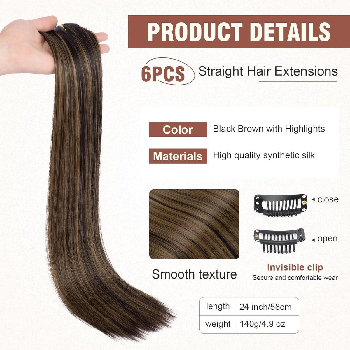 Clip-in Haarverlängerung Schwarzbraun mit Highlights, 61 cm