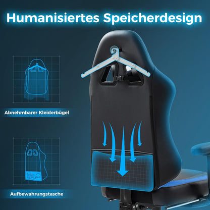 Dowinx Gaming Stuhl mit Massagefunktion und Taschenfederkissen, ergonomisch und multifunktional, Schwarz Blau