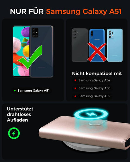 Samsung Galaxy A51 Handyhülle Rosegold mit Panzer Schutzglas & Kartenfächern