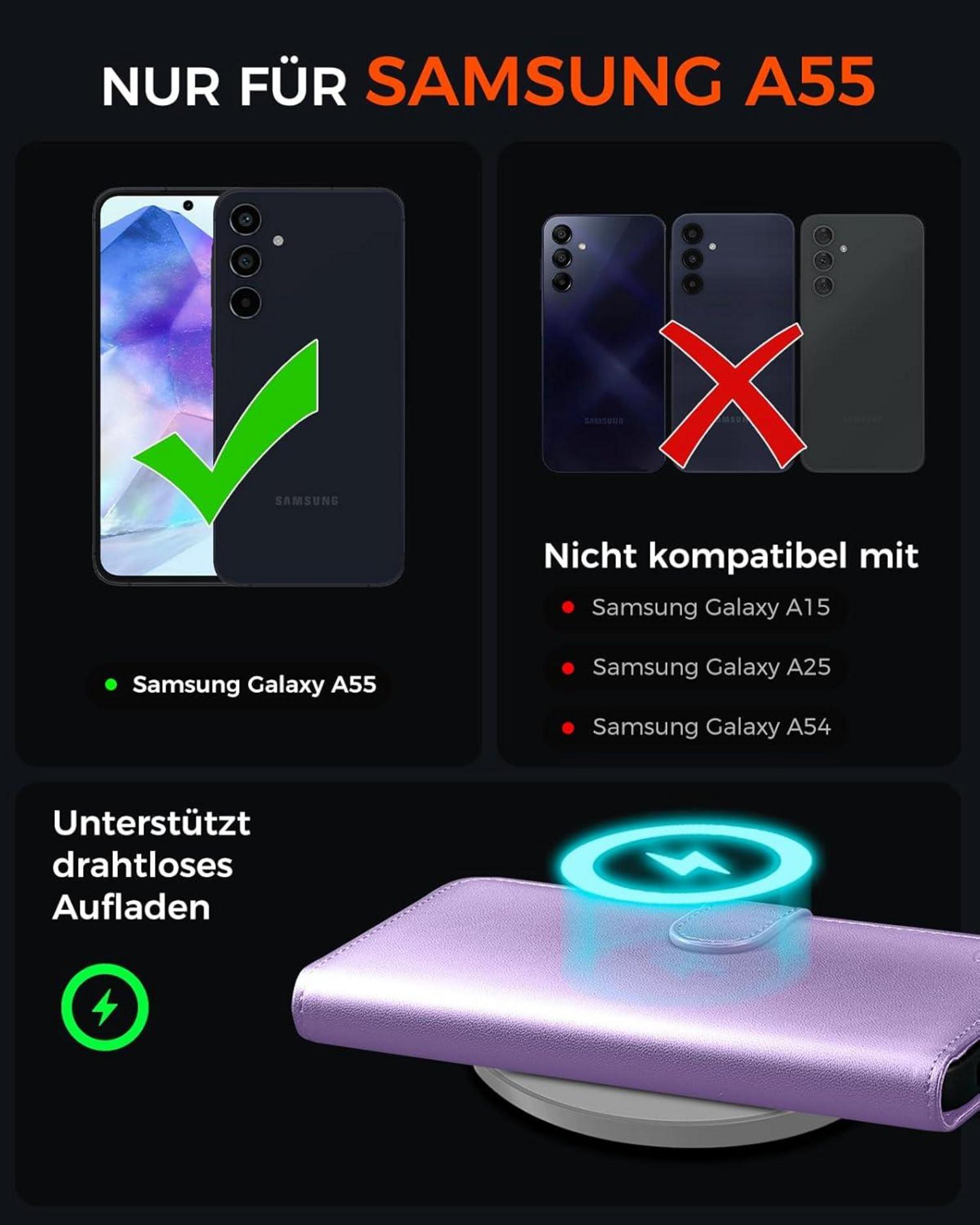 Samsung Galaxy A55 Handyhülle Leder RFID Schutz Standfunktion LightLila