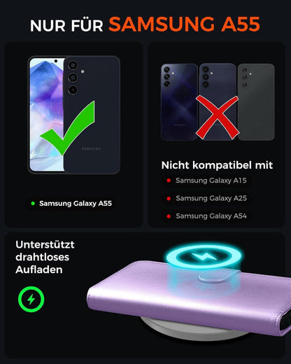 Samsung Galaxy A55 Handyhülle Leder RFID Schutz Standfunktion LightLila