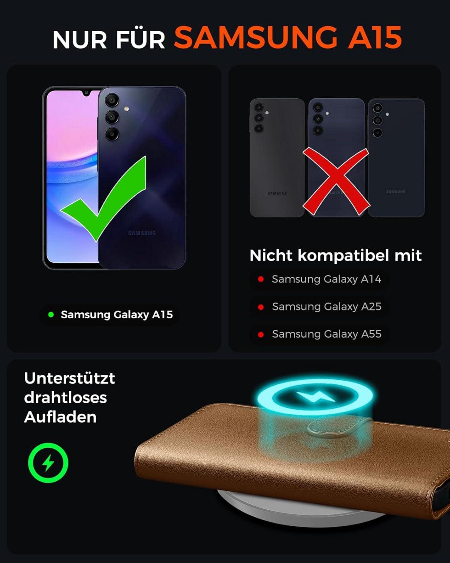 Handyhülle Samsung Galaxy A15 Leder RFID Blocker Braun 2-in-1