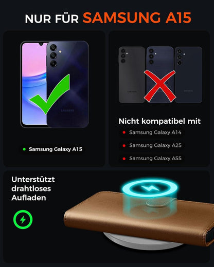 Handyhülle Samsung Galaxy A15 Leder RFID Blocker Braun 2-in-1