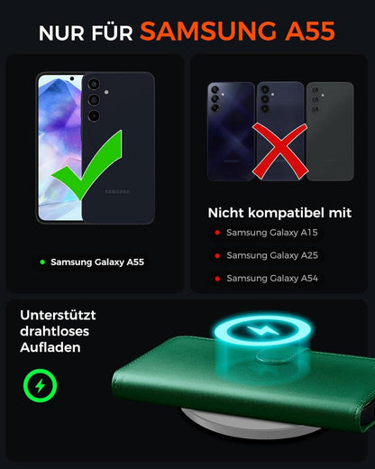Handyhülle Samsung Galaxy A55 KieferGrün RFID Schutzglas Standfunktion