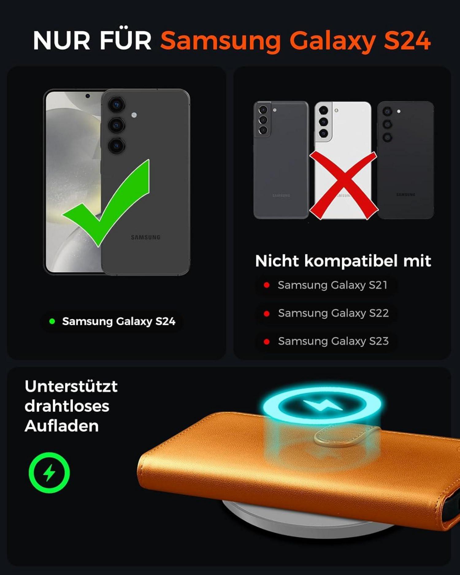 EASDNB Samsung Galaxy S24 Handyhülle Wallet Leder Orange Flip Case Standfunktion
