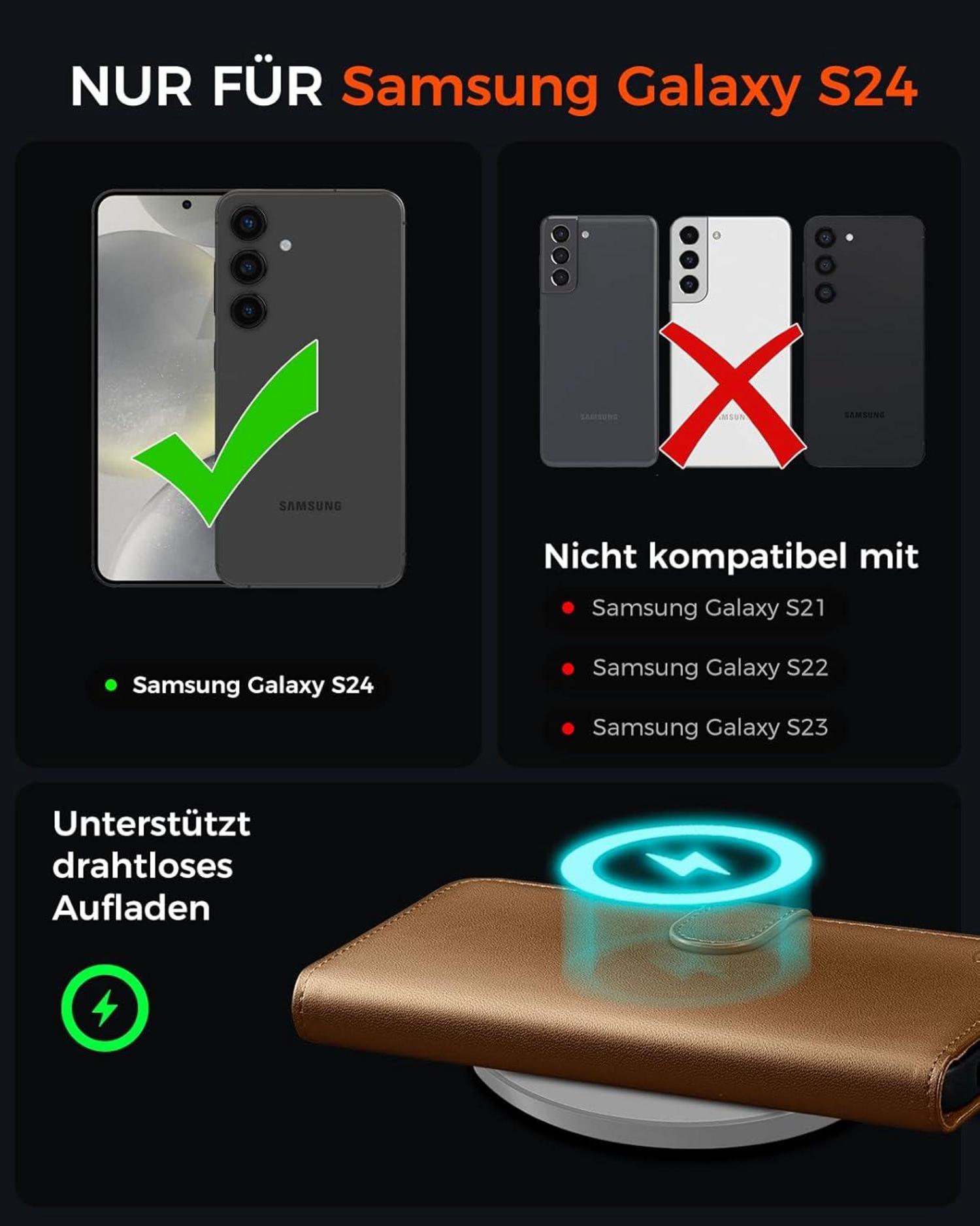 EASDNB Samsung Galaxy S24 5G Hülle Wallet Leder Braun Flip Case