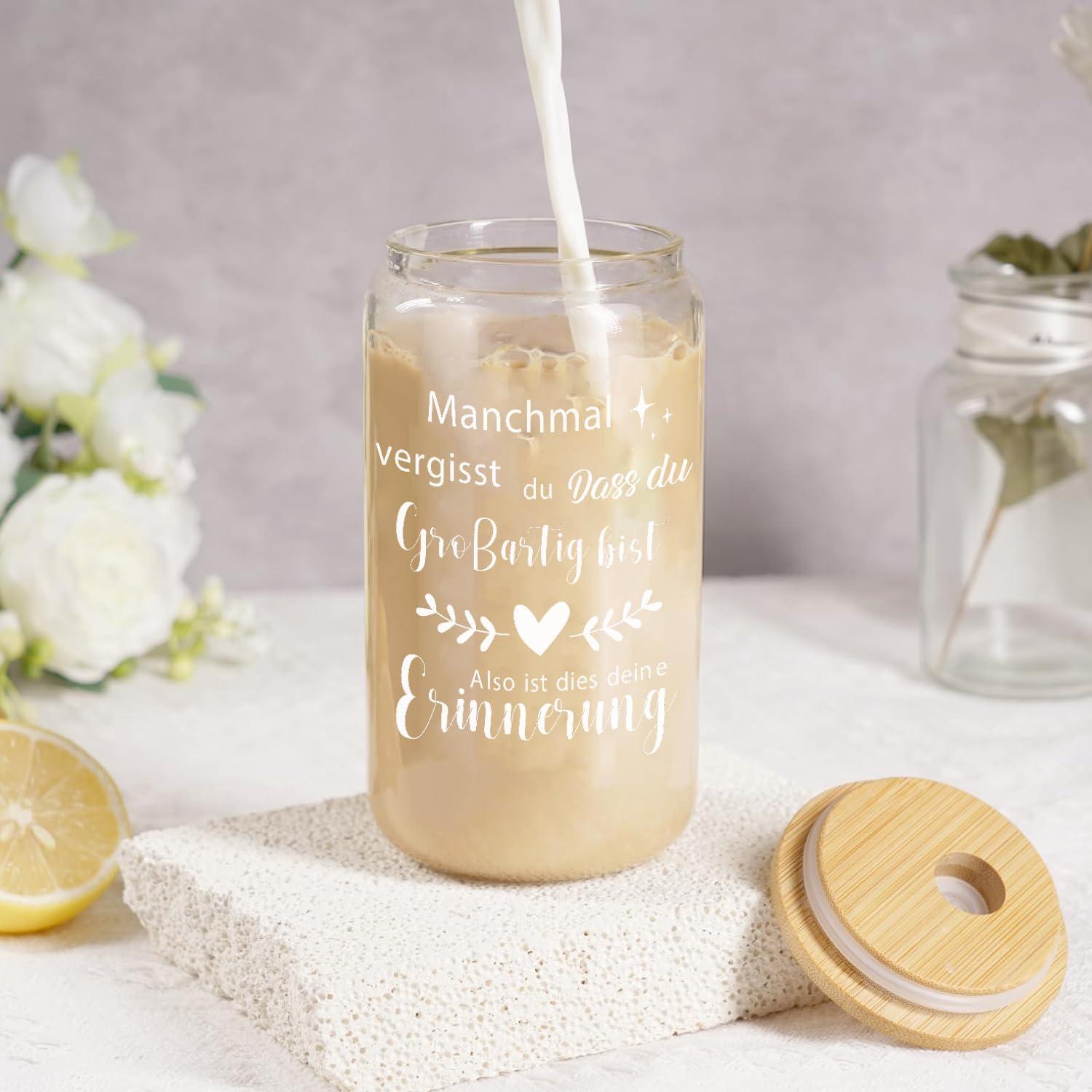 Inspirierender Glasbecher mit Holzdeckel und Strohhalm, 16 oz