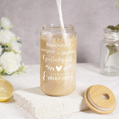 Inspirierender Glasbecher mit Holzdeckel und Strohhalm, 16 oz