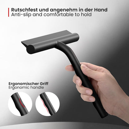 Silikon Duschabzieher Schwarz mit Halterung 21cm Breit & Edelstahl Kern