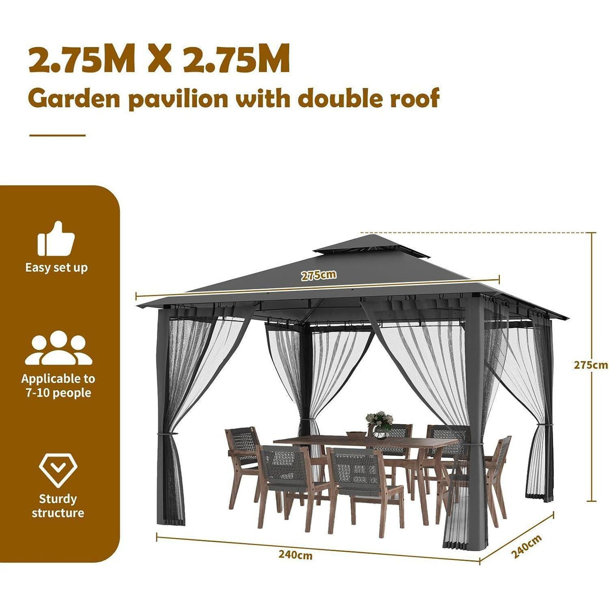 Wasserdichter Gartenpavillon 2.8x2.8m mit Moskitonetz