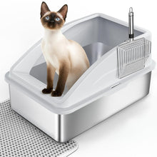 XXL Katzentoilette Edelstahl mit Matte und Schaufel Beige