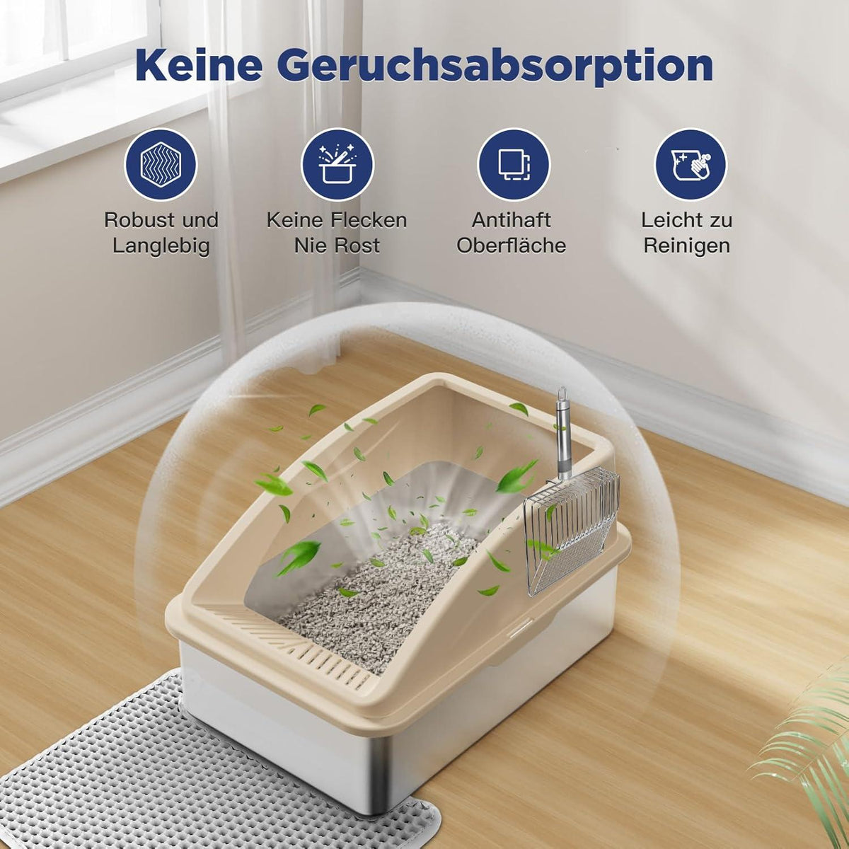 XXL Katzentoilette Edelstahl mit Matte und Schaufel Beige