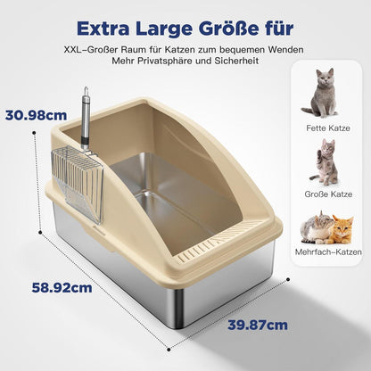 Katzentoilette XXL Edelstahl mit Doppelschicht Matte und Metall Schaufel