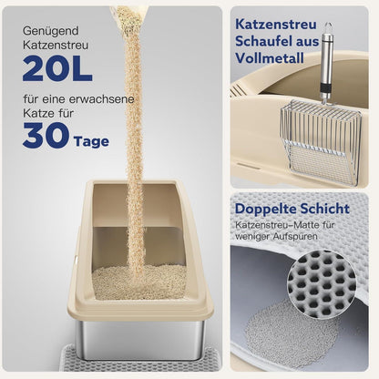 Katzentoilette XXL Edelstahl mit Matte und Metall Schaufel - Beige