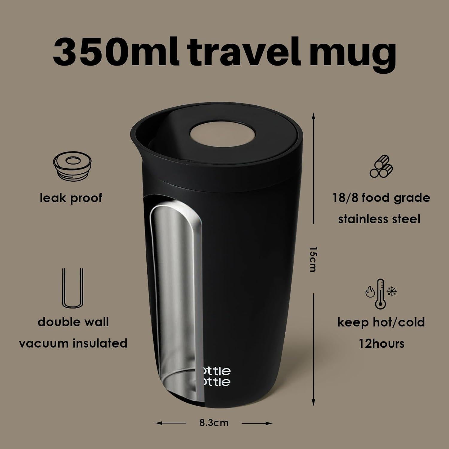 Thermobecher 350ml Isolierbecher Travel Mug Schwarz