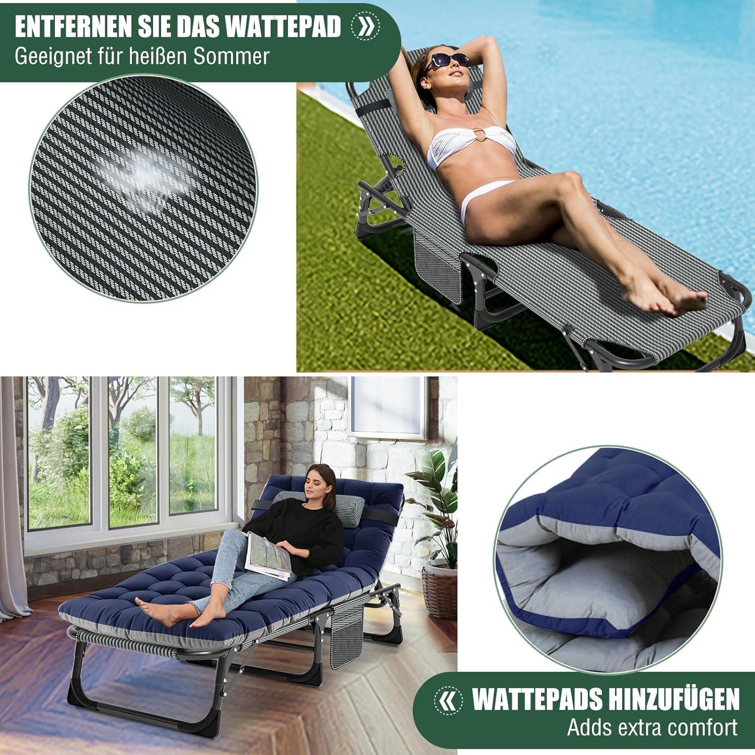 Klappbare Sonnenliege mit Matratze und Kopfstütze, Gartenliege 68cm Breite, 200kg Belastung