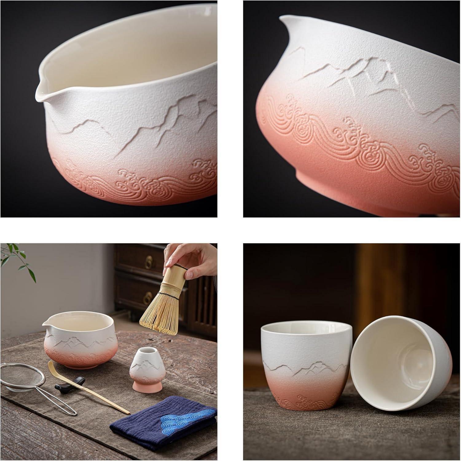 TEANAGOO Matcha Set: Schneebesen, Schale, Schaufel, Halter, Zubereitung, Teeset + 2 Tassen - Farbverlauf Rosa Weiß - 9