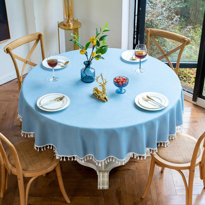 Runde Baumwoll-Leinen Tischdecke mit Fransen, Himmelblau 220 cm