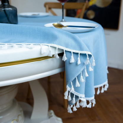 Runde Baumwoll-Leinen Tischdecke mit Fransen, Himmelblau 220 cm