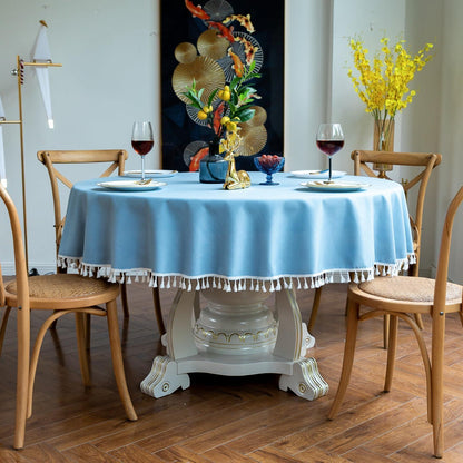 Runde Baumwoll-Leinen Tischdecke mit Fransen, Himmelblau 260 cm