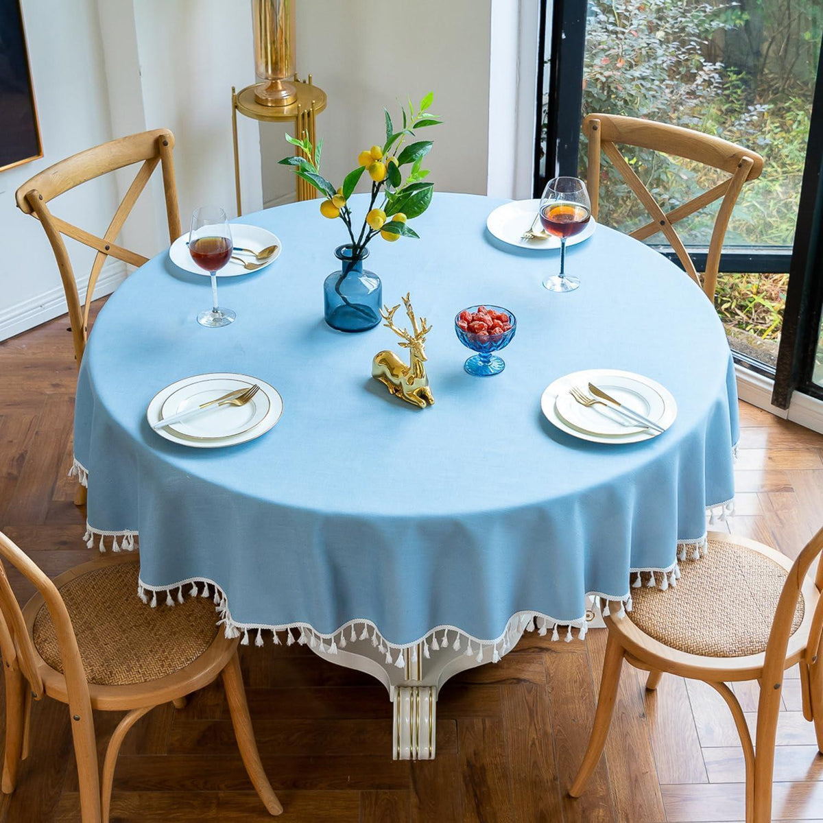 Runde Baumwoll-Leinen Tischdecke mit Fransen, Himmelblau 260 cm