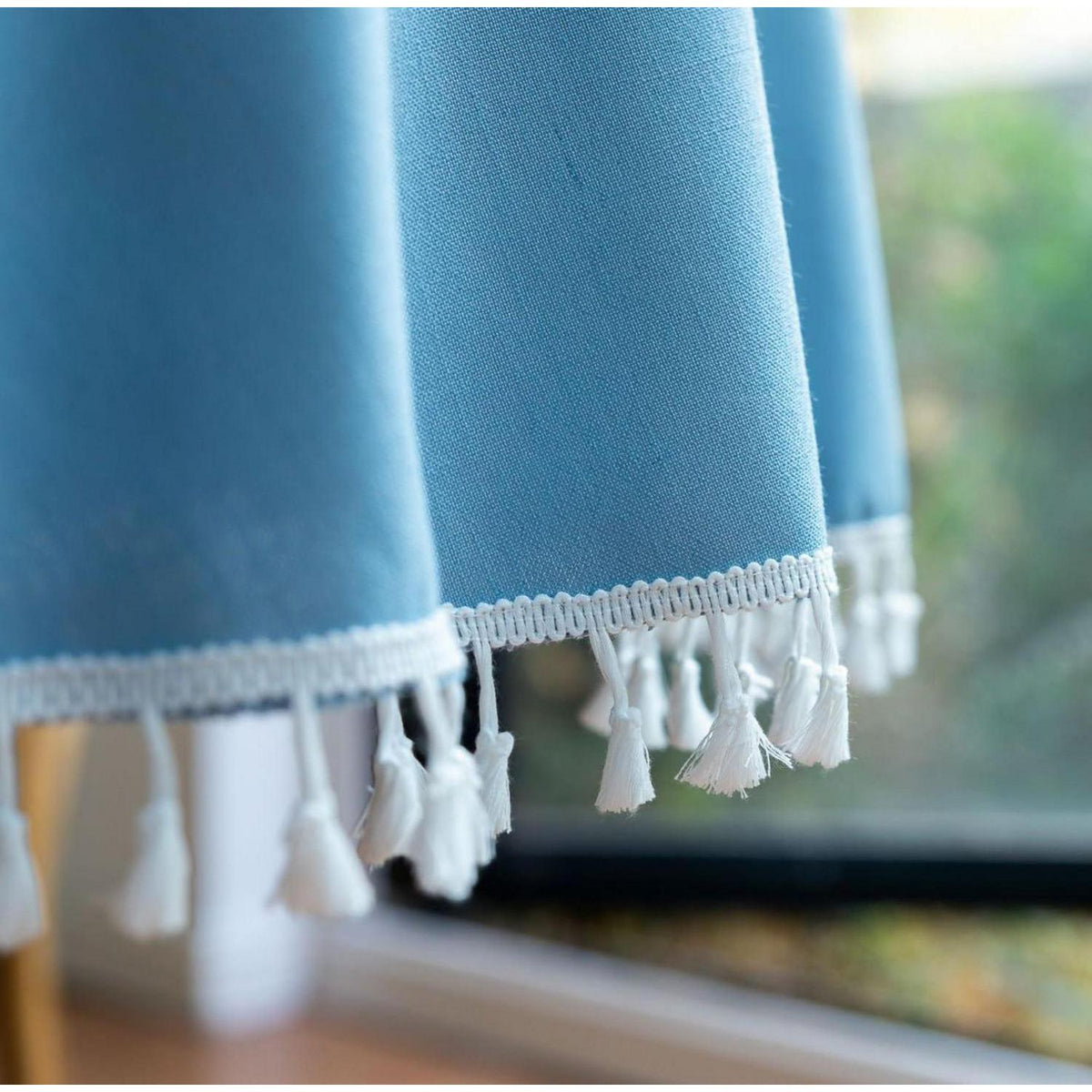 Runde Baumwoll-Leinen Tischdecke mit Fransen, Himmelblau 260 cm