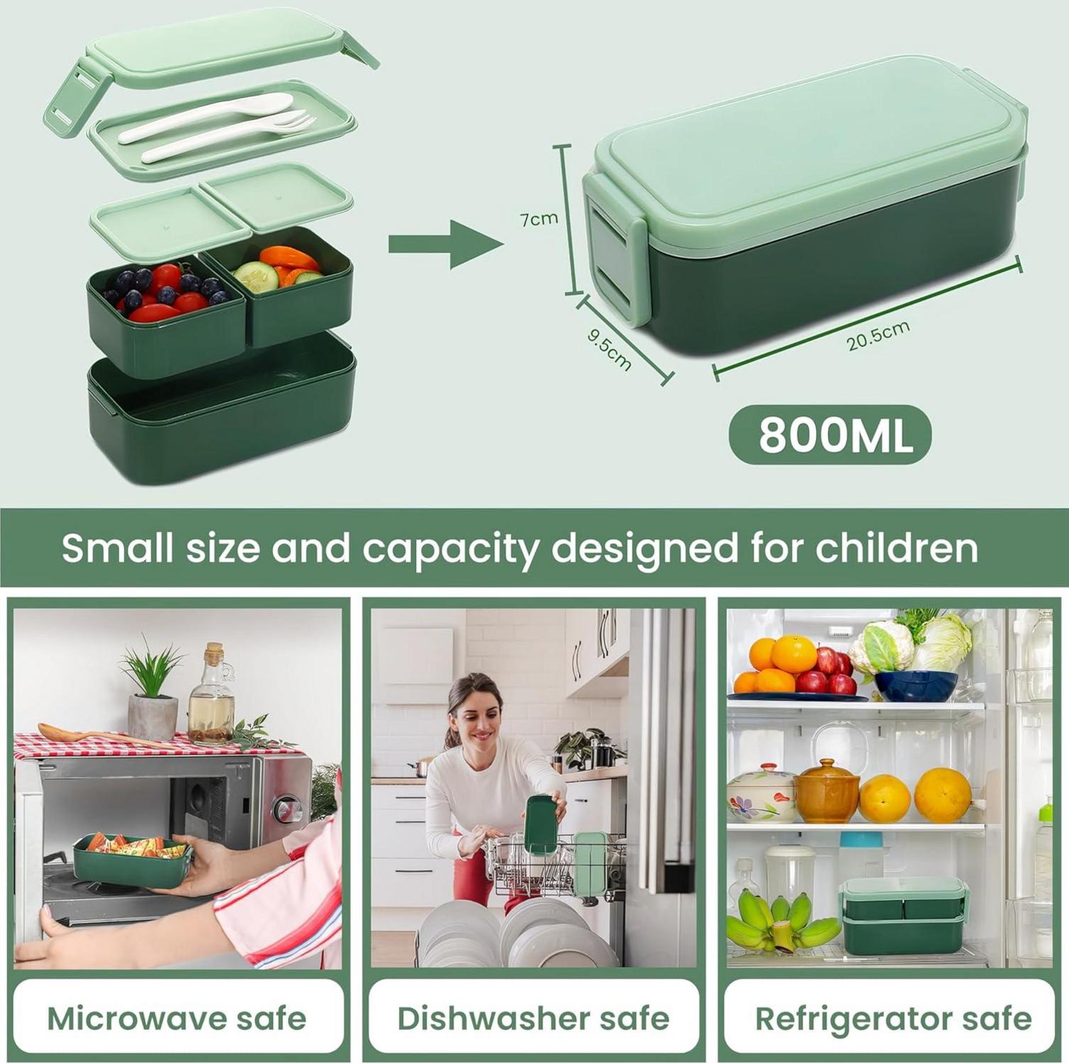 Bento Box Kinder mit 3 Fächern Auslaufsicher 1300ML Grün