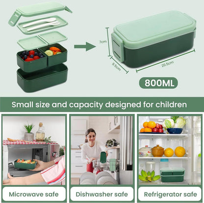 Bento Box Kinder mit 3 Fächern Auslaufsicher 1300ML Grün