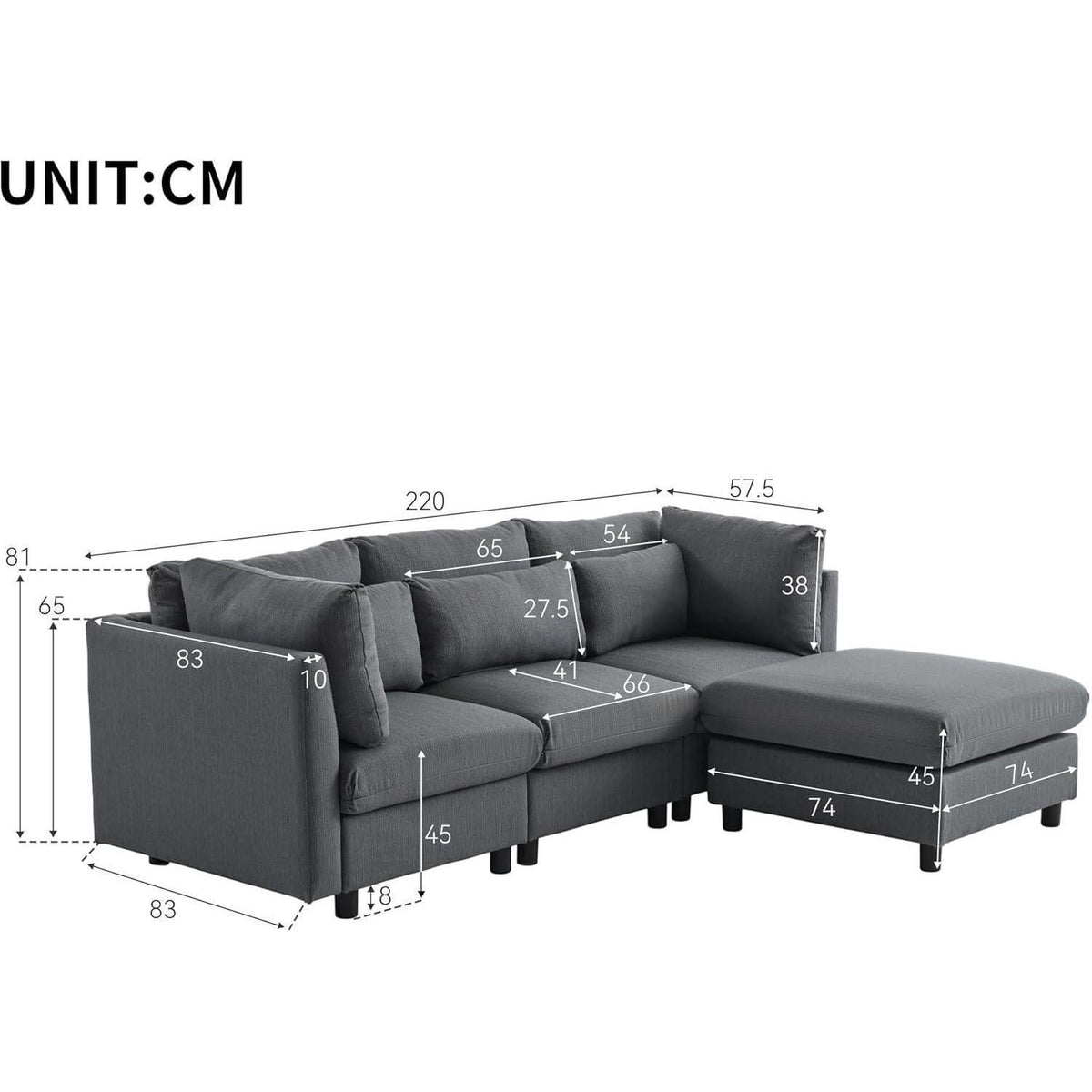 Modernes Dreisitzer-Sofa mit Fußhocker & Lendenkissen (Grau)