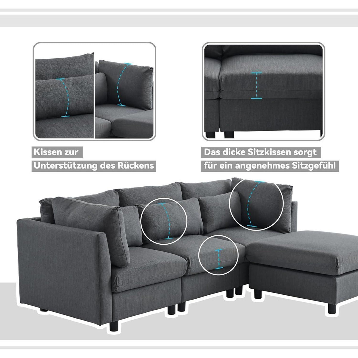 Modernes Dreisitzer-Sofa mit Fußhocker & Lendenkissen (Grau)