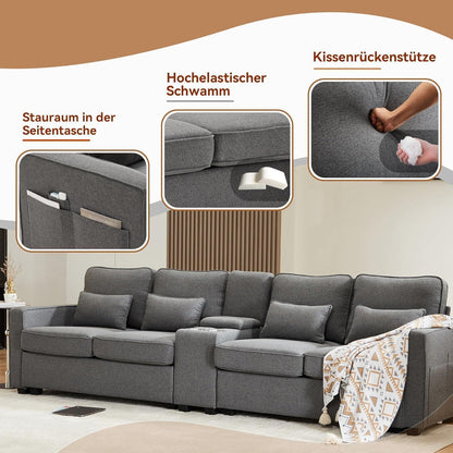 Modernes 4-Sitzer Sofa aus Leinenstoff mit Stauraum & Kissen