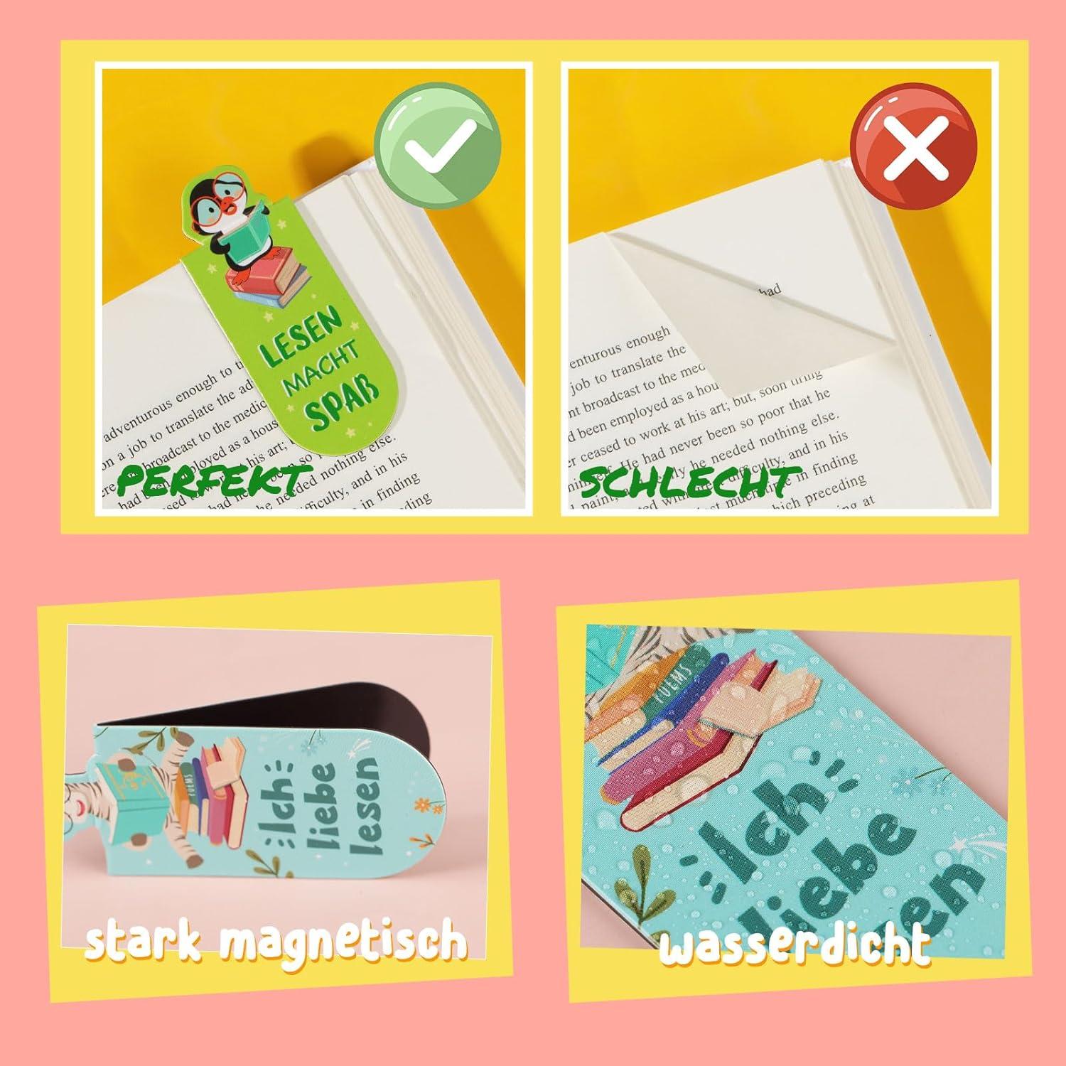 12 Magnetische Tiere Lesezeichen für Kinder - Sprüche über das Lesen - Schultüte Füllung