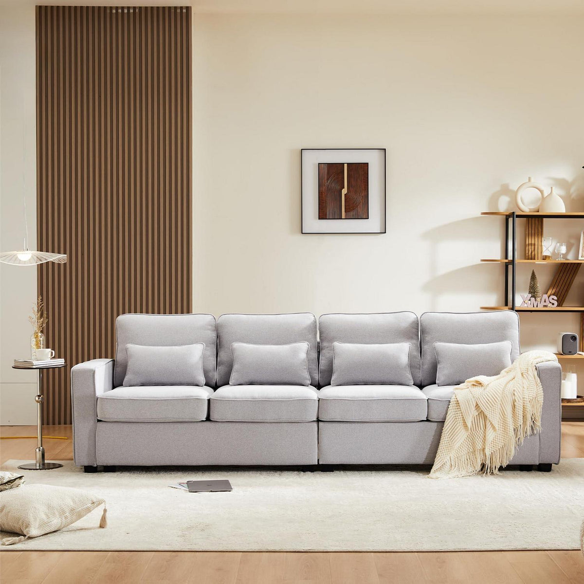 4-Sitzer Leinenstoff Sofa mit Stauraum & Kissen (Grau)