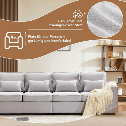 4-Sitzer Leinenstoff Sofa mit Stauraum & Kissen (Grau)