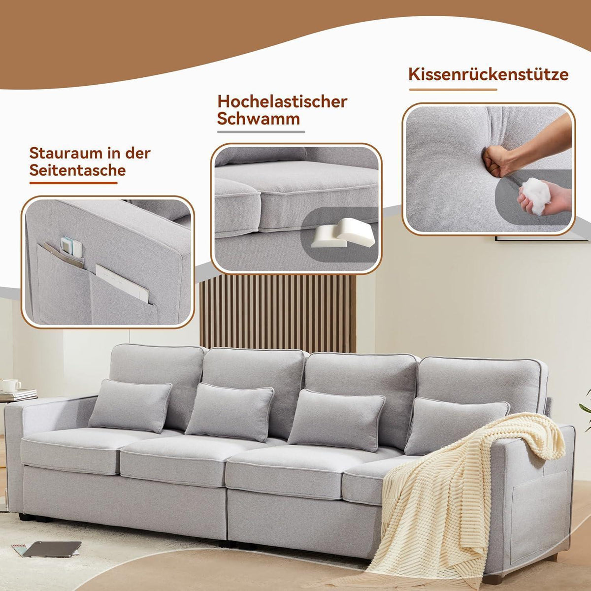 4-Sitzer Leinenstoff Sofa mit Stauraum & Kissen (Grau)