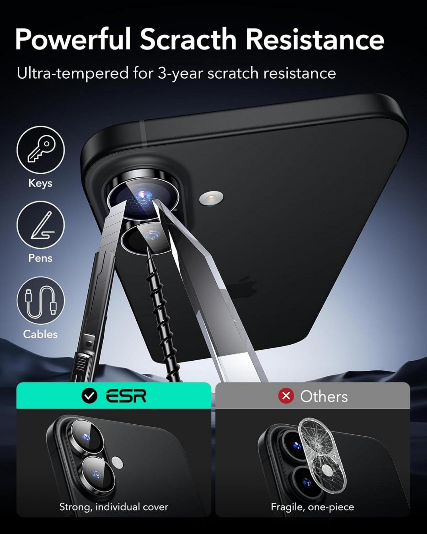 ESR iPhone 16/16 Plus Kameralinsenschutz, kratzfestes gehärtetes Glas, 2er Pack