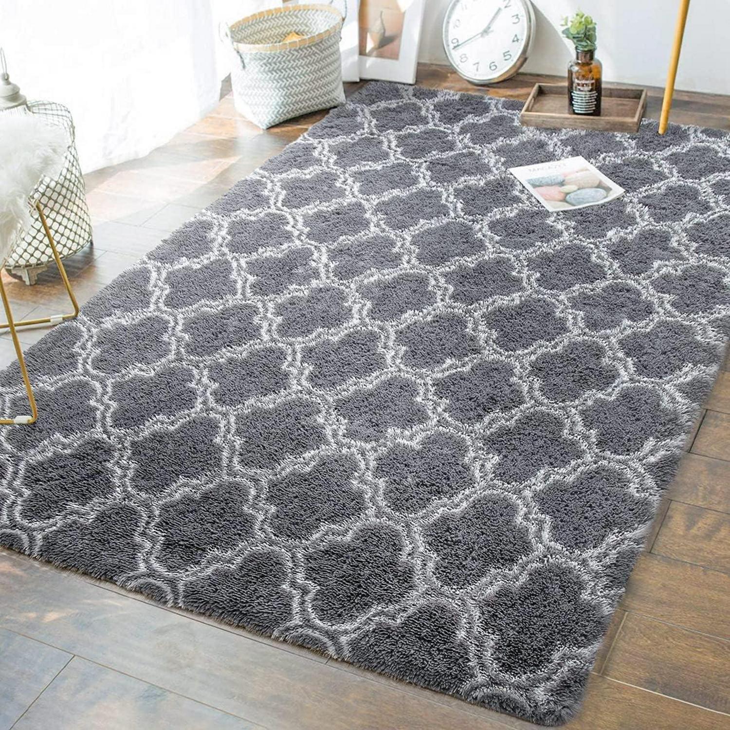 Hochflor Teppich Grau Modern Langflor Wohnzimmer Schlafzimmer 80x120cm