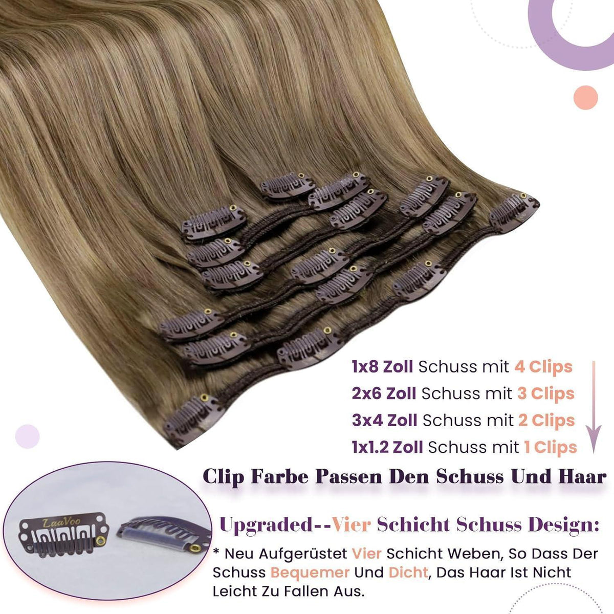 Echthaar Clip-in Extensions Balayage Hellbraun Ombre