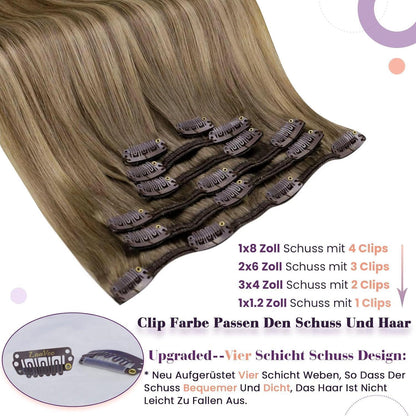 Echthaar Clip-In Extensions Braun Blond Balayage Ombre