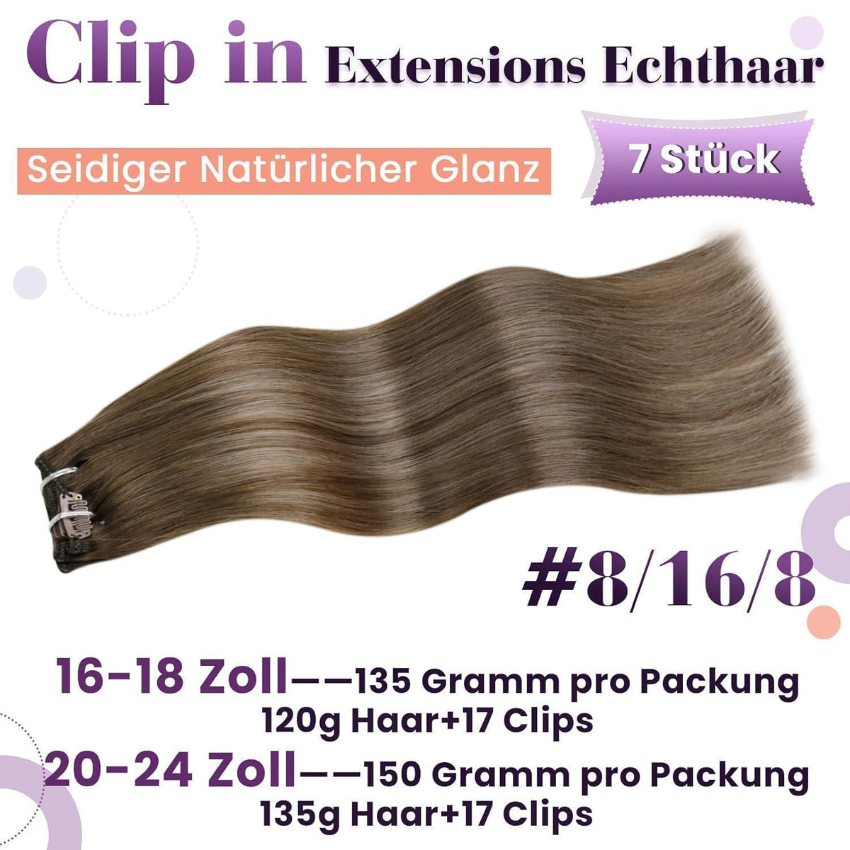 Echthaar Clip-In Extensions Braun Blond Balayage Ombre
