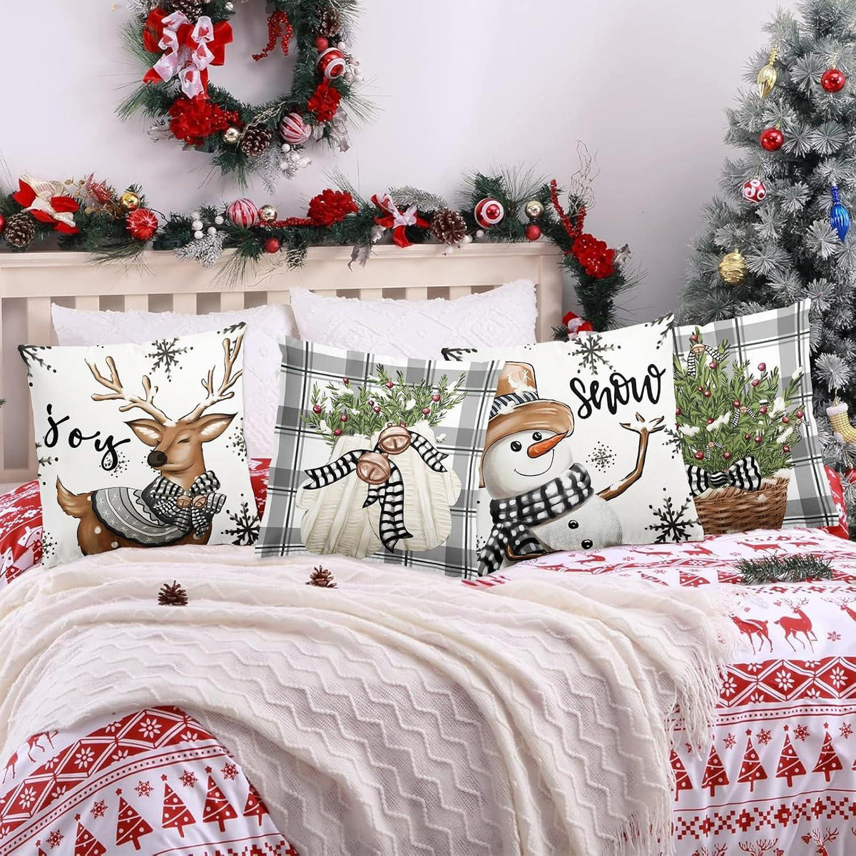 4er Set Weihnachtskissenbezug Rentier Deko Weiß Grau 45x45cm