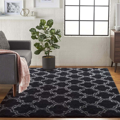 Modernes Hochflor Flauschig Teppich Schwarz 185x185cm
