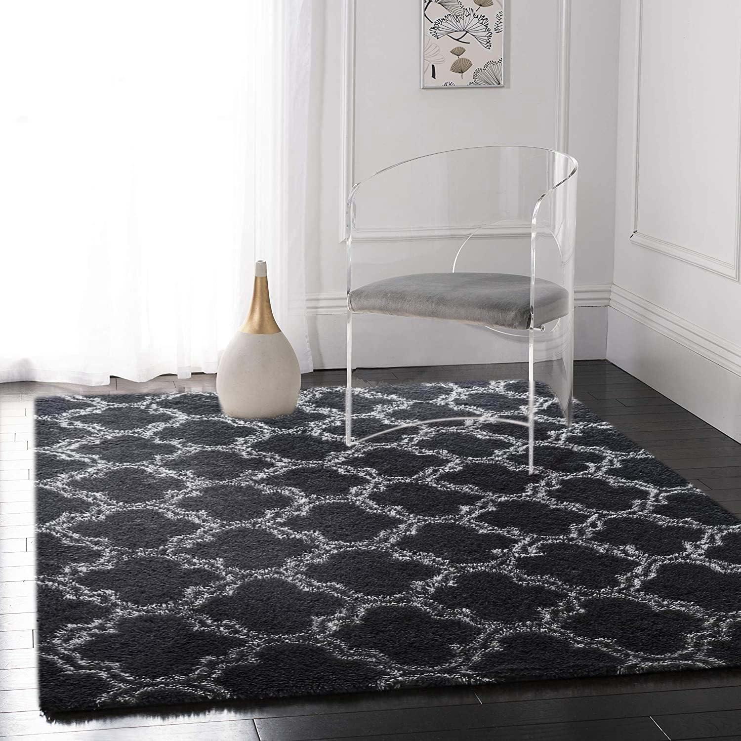 Flauschiger Hochflor Teppich für Wohnzimmer Schwarz 185x185cm