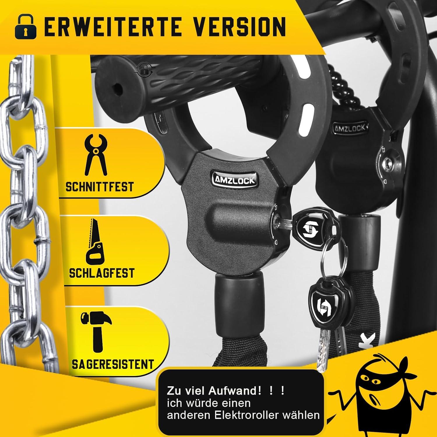 AMZLOCK E Scooter Schloss 8mm Dicke Kettenschloss 3 Schlüssel 1.6kg 75cm Schloss Tasche