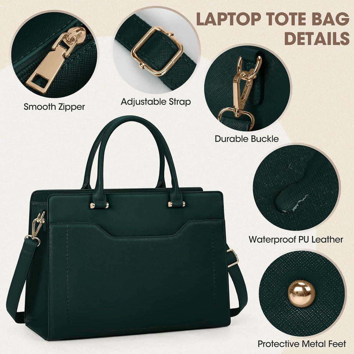 Damen Laptoptasche 15.6 Zoll PU Leder Shopper Handtasche Grüne Arbeitstasche