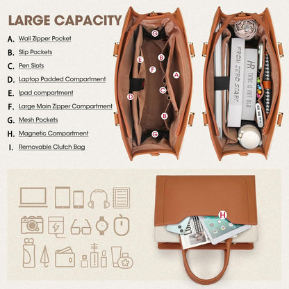Arbeitstasche Damen 15.6 Zoll PU Leder Laptoptasche Wasserdicht Braun