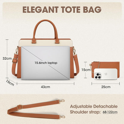 Große Laptop Handtasche Damen 15.6 Zoll PU Leder Braun Beige